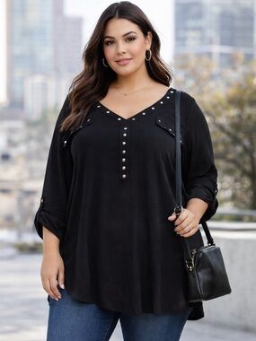 Riley & James Black Studded Tunic Blouse 3X | Silver Detail Roll Tab Sleeve Boho